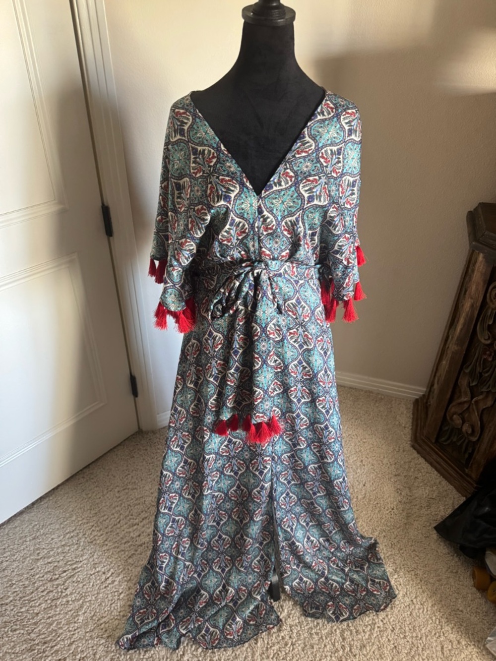 Sachin + Babi Teal & Red Tasseled Maxi Dress Size 10 Anthropologie